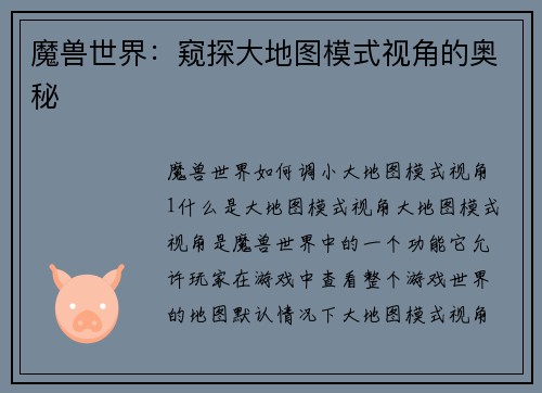 魔兽世界：窥探大地图模式视角的奥秘