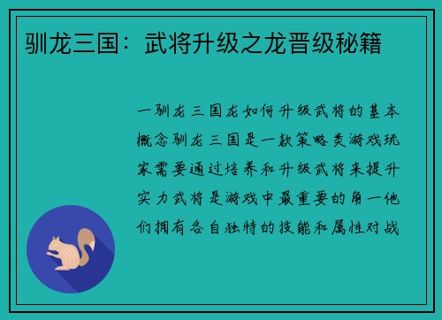 驯龙三国：武将升级之龙晋级秘籍